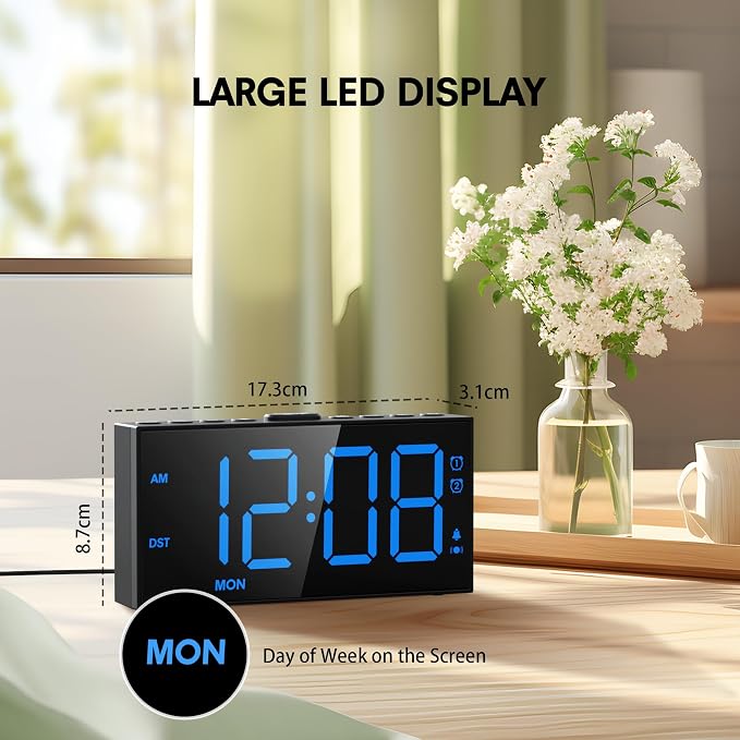 Mesqool Loud Alarm Clock with Bed Shaker & Dual Alarms, USB Port | Extra Loud Vibration Alarm Designed for Heavy Sleepers & Hearing Impaired. 5-level Dimmer, Battery Backup, Snooze & DST.