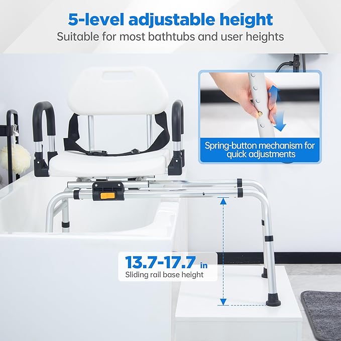 FSA/HSA Eligible Sliding Shower Chair Tub Transfer Bench with Swivel Seat, Rotating Shower Bench for Bathtub with Pivoting Armrests and Backrest for Elderly and Disabled