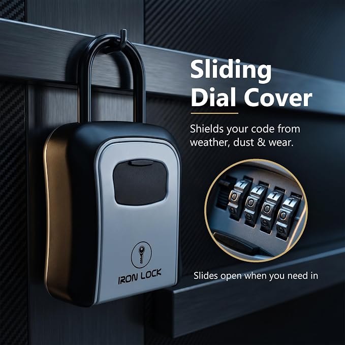 Iron Lock® Medium Key Lock Box with Code, U-Shackle Opens Fully Out (Grey) | Built-in key hooks + catch tray; hangs on handles, gates, fences or a hasp; wall-mountable; dial cover; no batteries