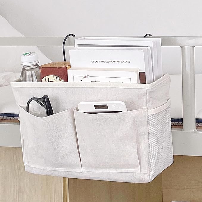 Bedside Caddy Organizer Hanging Storage Basket with Large Pockets & Hooks, Heavy-Duty Canvas Bedside Organizer for Bunk Beds, Dorm Rooms, Hospital Beds & Small Spaces (Beige)