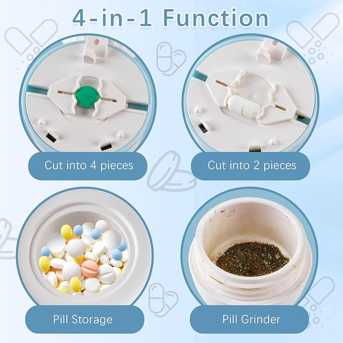 4 in 1 Pill Crusher | Pill Grinder | Pill Organizer, Pill Cutter 1/2 & 1/4 Splitter for Small and Tiny Pills Travel Pill Tablet Cutter Pill Crushing Grinding Machine, Easy Cleaning with 3’’ Brush