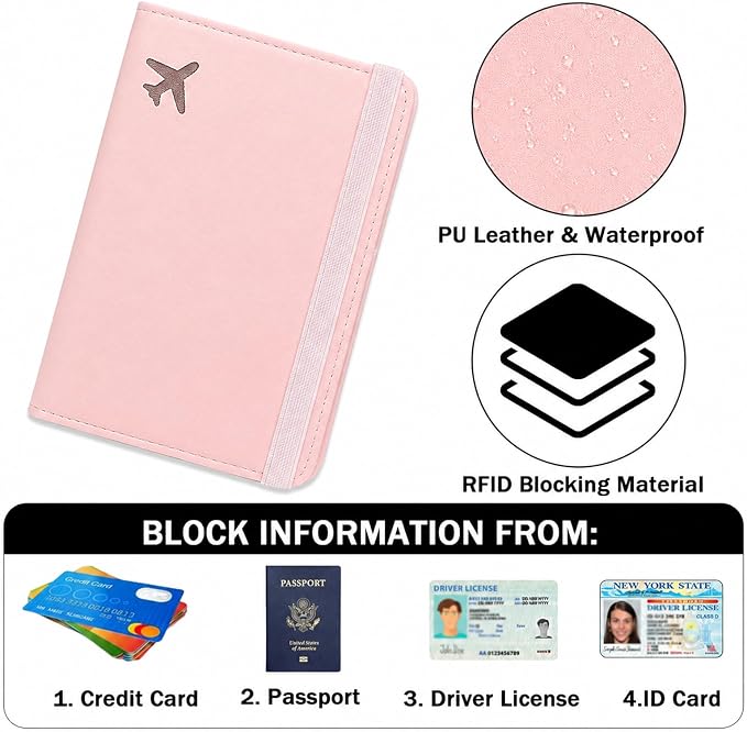 RFID Blocking Passport Holder for Travel – PU Leather Waterproof Lightweight Passport Cover Wallet for Women Men, Travel Organizer with Card Slots for Airline Tickets & Passport Book, Pink