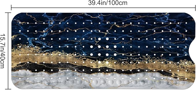 LNOND Marble Bath Tub Mat Non Slip, Extra Long 40 X 16 Inch Anti Slip Mat for Bathtub, Black White Gold Marble Shower Mat with Drain Holes and Suction Cups, Machine Washable