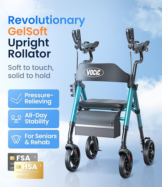 VOCIC Walkers for Seniors, Upright Walker with Adjustable Armrests, Z22 GelCool Stand Up Walker with Ergo Seat & Backrest, 8" All Terrain Rollator with 300lb,Cup& Cane Holder