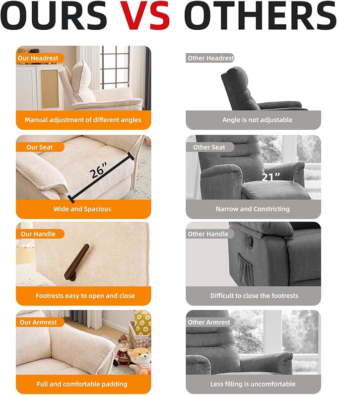 Oversized Recliner Chair, 24" Extra Wide 360° Swivel Rocker Recliner with Adjustable Headrest, Chenille Glider Rocking Nursery Chair with Overstuffed Armrest, Lumbar Support, Beige