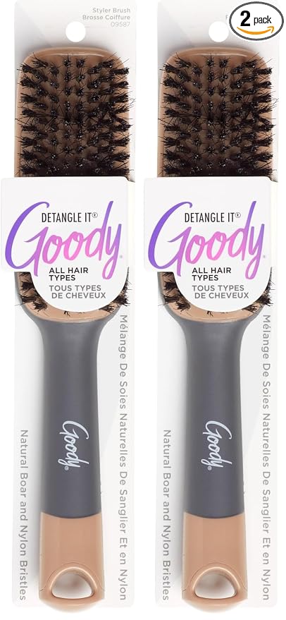 Goody Detangle It Boar Bristle Hair Brush, Use as a Detangling or Styling Brush, Conditions & Boosts Shine, Helps Tackle Knots & Reduce Frizz, For Wet or Dry Hair, Brown/Grey (Pack of 2)