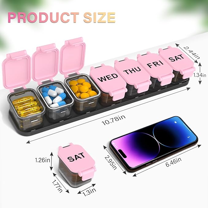 Extra Large Weekly Pill Organizer - XL Vitamin Holder with 7 Detachable Compartments, Portable Medicine Pill Organizer for Supplements, Daily Pill Case for Home and Travel,Pink