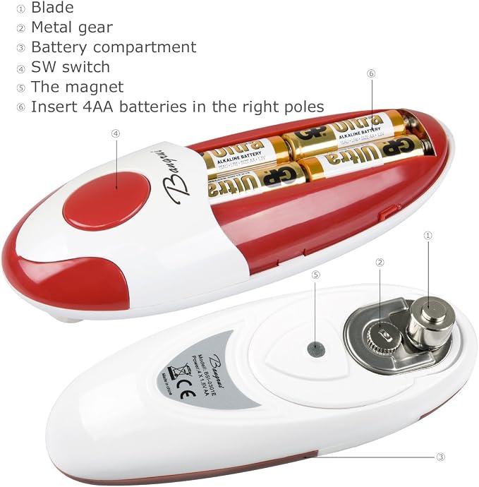 Kitchen Automatic Safety Cordless One Tin Touch Electric Can Opener&Bangrui Professional Electric Can Opener.One-touch switch .Smooth can edge.Being friendly to left-hander and arthritics! (Red)