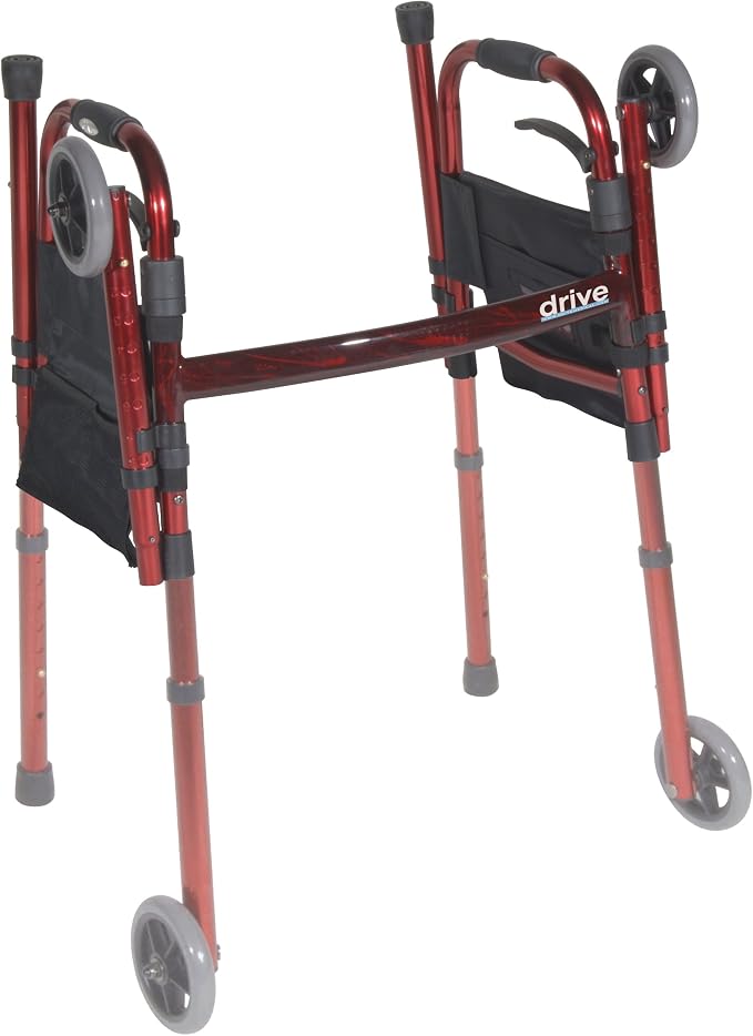 Drive Medical Deluxe Portable Folding Travel Walker with 5" Wheels and Fold up Legs, Red