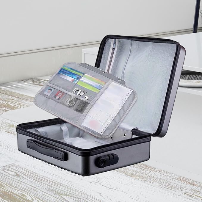 Fireproof Document Box Secure Storage Waterproof Briefcase files Organizer Bag Hard Container Case for Contracts Outdoor, Gray