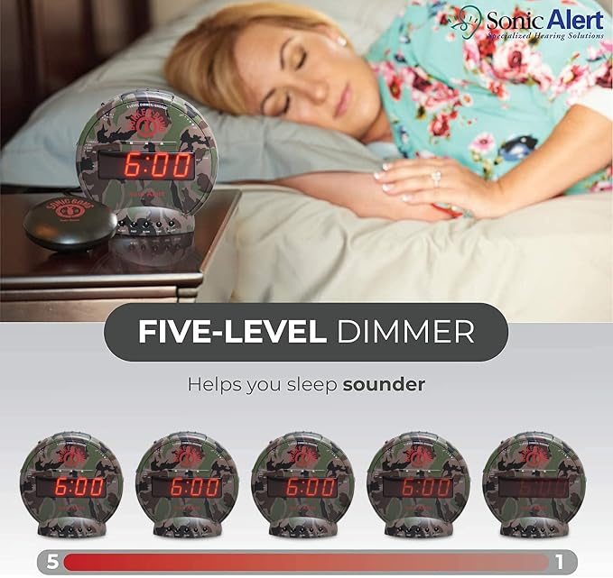 Sonic Bomb Dual Alarm Clock with Bed Shaker, Camouflage | Sonic Alert Vibrating Alarm Clock Heavy Sleepers, Battery Backup | Wake with a Shake