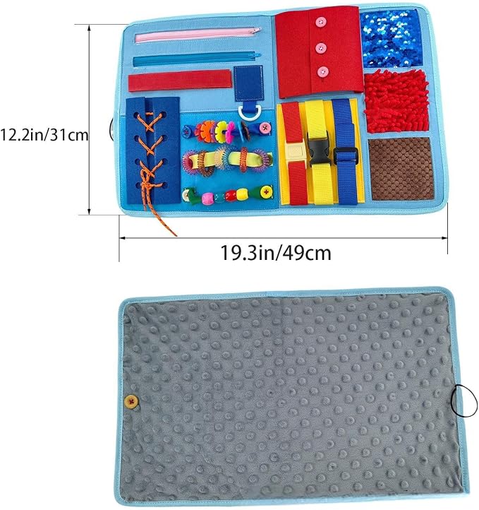 Fidget Blanket for Elderly with Dementia & Alzheimer's, Sensory Activity Mat with Fine Motor Skill Items, Calming Therapeutic Blanket for Seniors, Anxiety, Autism, Machine Washable & Portable (Blue)