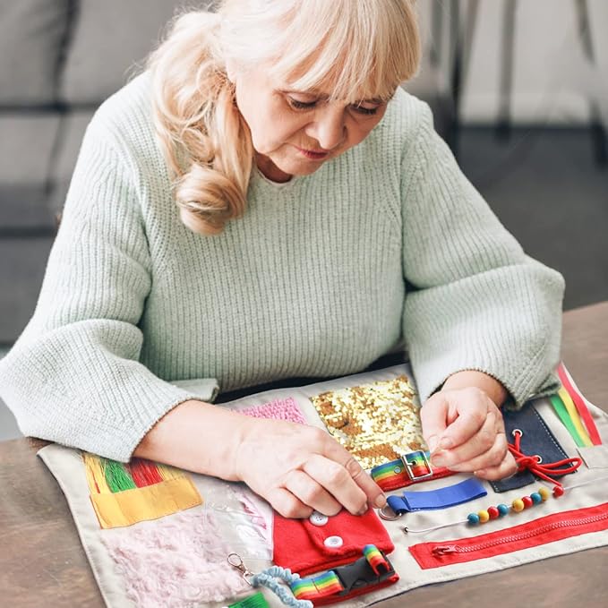 Fidget Blanket for Adults with Dementia, Senior Activity Blanket for Elderly Care, Alzheimer’s Dementia Activity Aid, Tactile Lap Blanket for Seniors, Blue