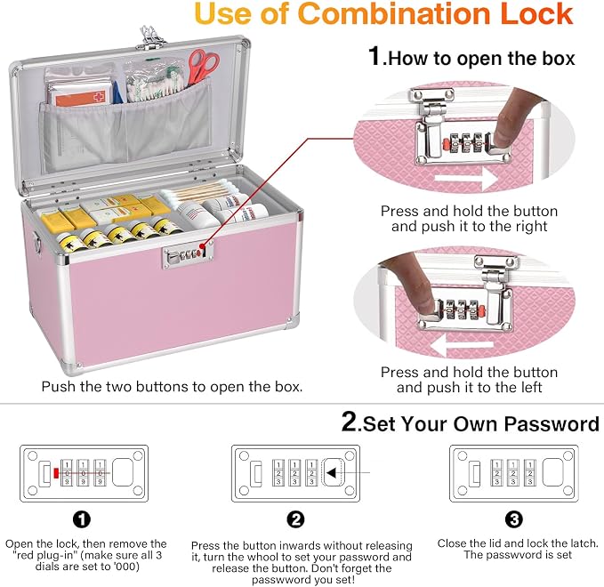 Medicine Box with Combination Lock - 10"x6"x6.7" First Aid Safe Medication Storage Case, Personal Items Safe Case for Hospital & Home & Outdoor 【Pink】