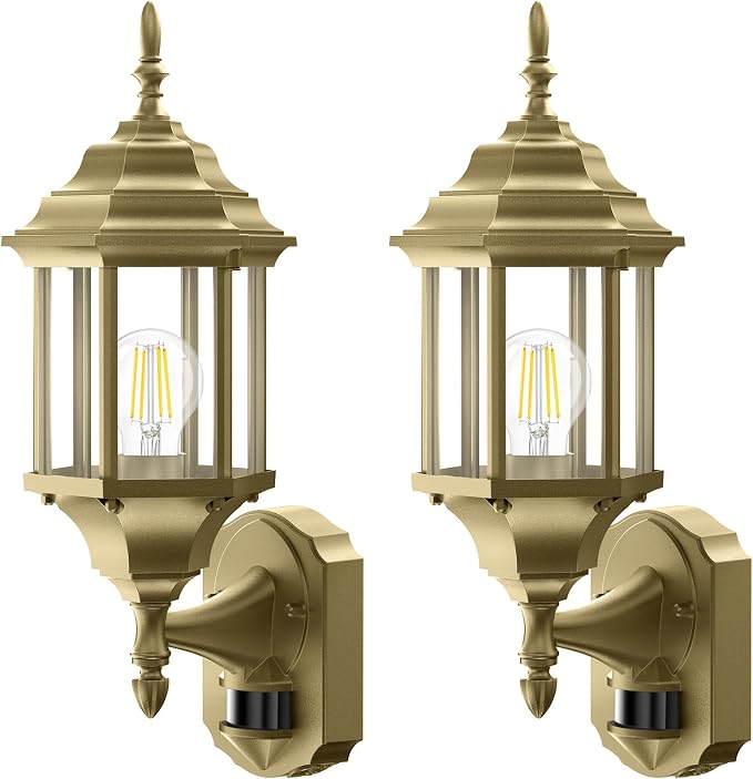 Redluck Motion Sensor Outdoor Wall Light Fixtures, 2Pack Outdoor Wall Lamps | Dusk to Dawn, Anti-Rust, Waterproof Aluminum Frame, Tempered Glass & Classic Exterior Porch Lights for House Garage, Gold