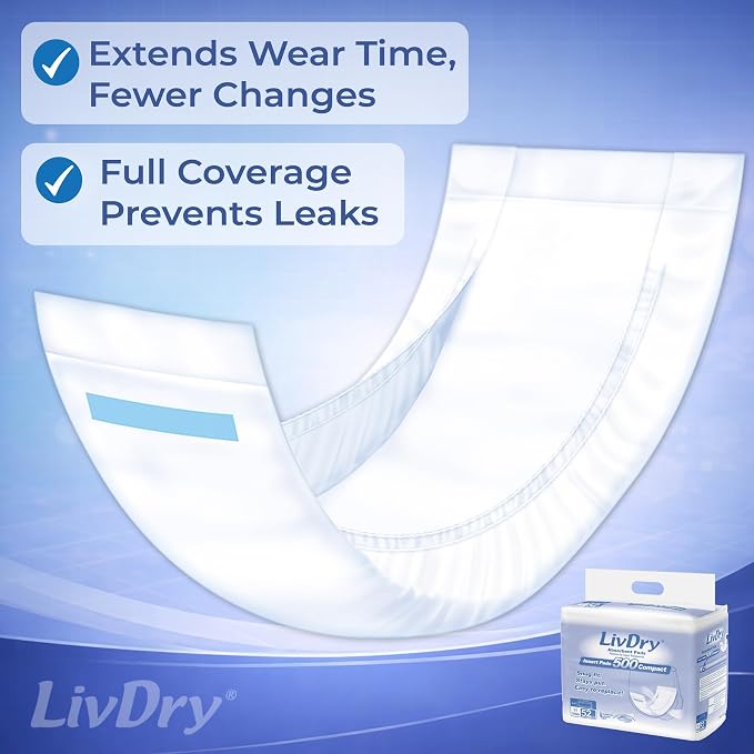 LivDry Incontinence Pad Inserts for Women and Men, 24 oz High Absorbency, Compact Length Booster with Leak Guards for All Day and Overnight Protection (104 Count)