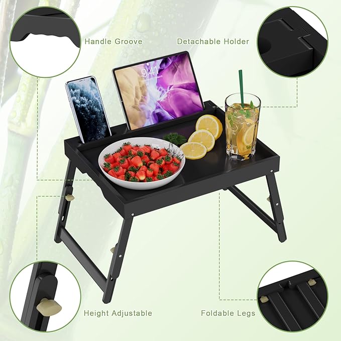 Artmeer Adjustable Bamboo Bed Tray Table with Device Slot, Large, Black | Adjustable FSC-certified bamboo bed tray with device slot, folding legs and handles for meals, laptops and reading in bed.