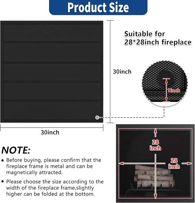 Fireplace Cover, Magnetic Fireplace Blocker Blanket Stops Heat Loss, Indoor Fireplace Draft Stopper Save Energy, Magnetic Fireplace Draft Cover for Iron Fireplace Frame (30"x30")