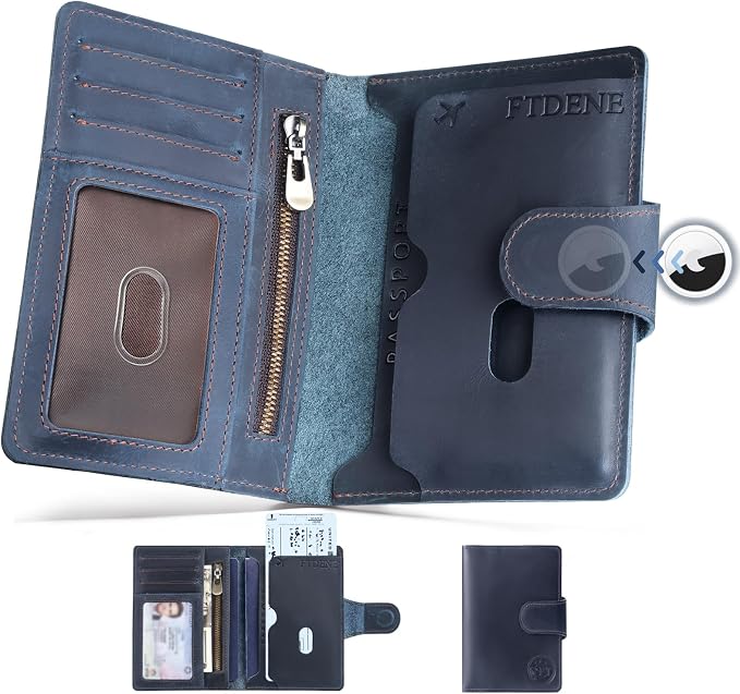 Passport Wallet for Men, Full Grain Leather Passport Holder, AirTag Slot | 2-3 Passport Capacity, Slim for Travel, Multiple Pockets, Magnetic Closure, RFID Blocking, Card Slots, Men & Women, Blue