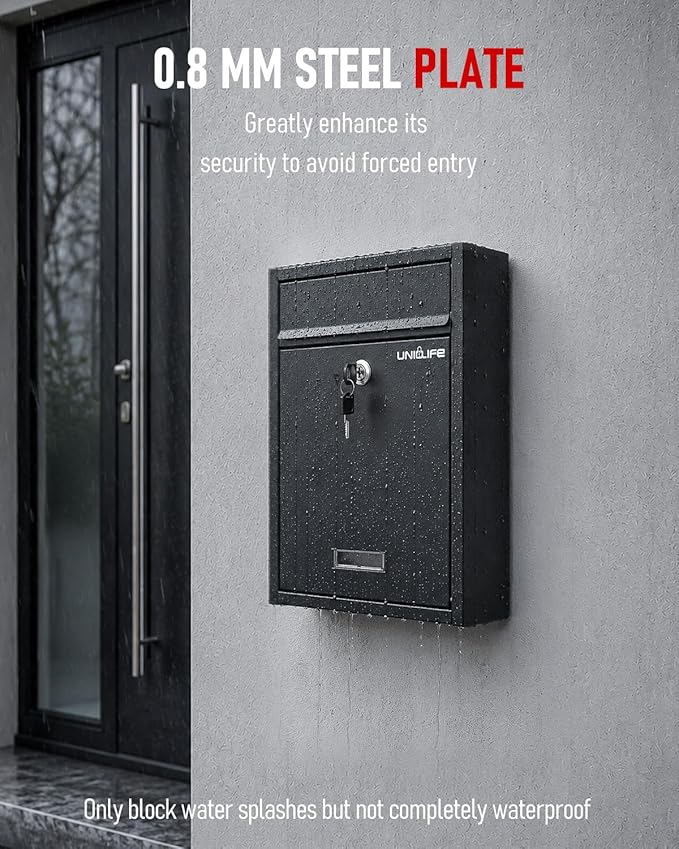 Uniclife Wall Mount Mailbox for Outside, Locking Mail Box, Black | Large Mailbox with Key Lock, Security Mail Box for House, Safe Key Drop Box, Steel Cash Drop Box for Home Office School