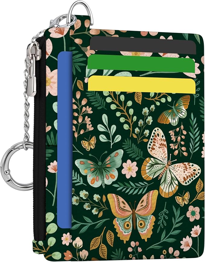 Hancynir Butterfly Floral Credit Card Holder Small Wallet Women, Slim RFID | Cute Zipper Keychain Pocket, Thin Travel Coin Purse, PU Leather, Minimalist Card Case, 6 Card Slots, Ladies Women Gifts