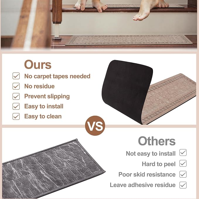 OJIA Vintage Stair Treads for Wooden Steps Indoor 15PCS 30"x8" Stair Runner | Non-Slip Carpet Stair Treads Mats Staircase Step Treads for Kids, Elders and Dogs, Rubber Stair Covers