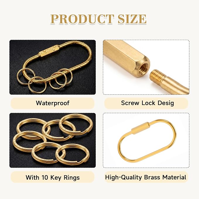 senbowe 9 Pack Gold Brass Key Rings, Carabiner KeyChain Clip with 10 O-Rings, Screw Lock Keys Organizer, Purse Bag Charms