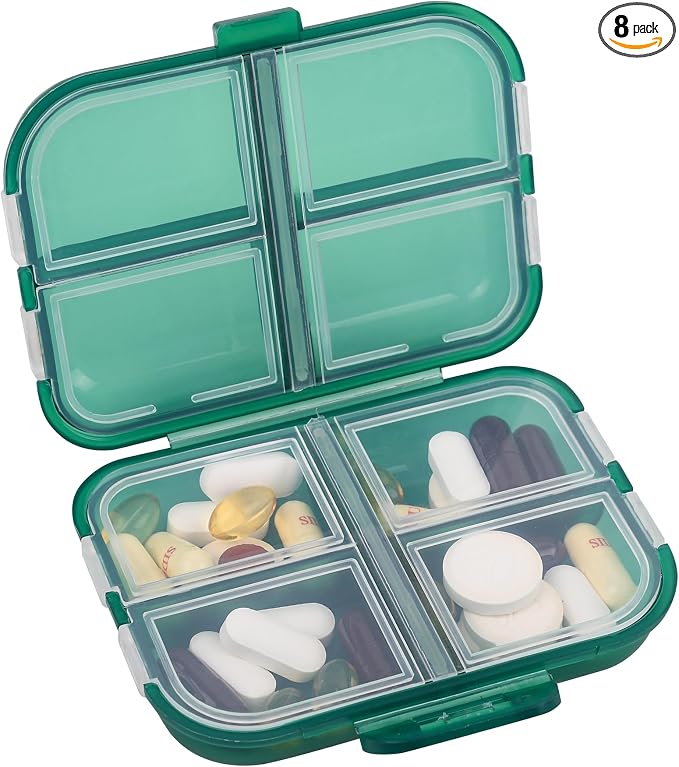 Travel Pill Organizer Small 8 Grid Compartments Pill Holder Box - Portable Medicine Container Case - Daily Weekly Medication Organizer