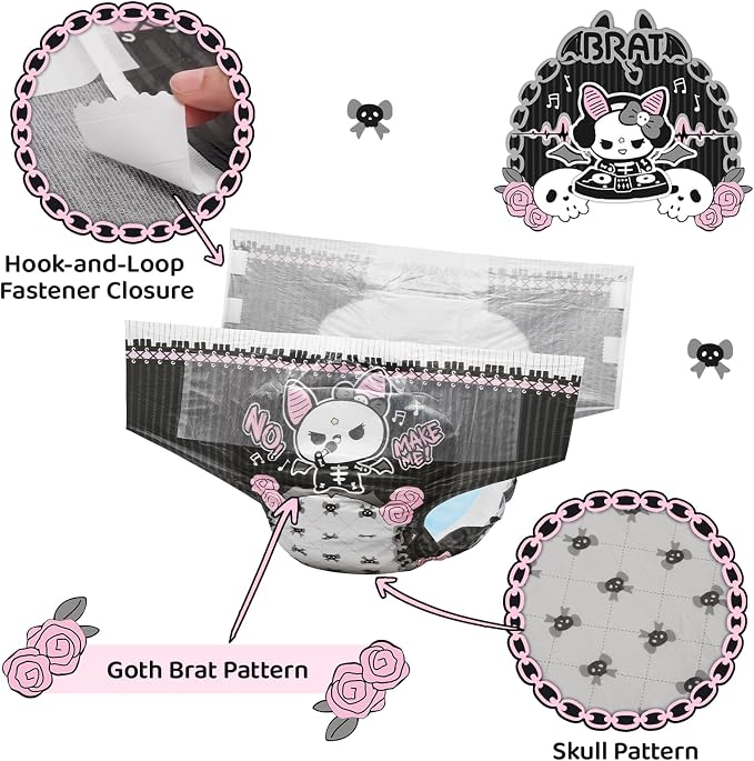 Littleforbig Ultra Absorbent 7000 mL Adult Printed Diaper 10 Pieces - Goth Brat (X-Large 48"-56")