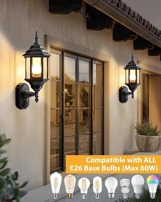 Redluck Motion Sensor Outdoor Wall Light Fixtures, 2 Pack Outdoor Wall Lamp | Dusk to Dawn, Anti-Rust, Waterproof Aluminum Frame, Tempered Glass & Classic Exterior Porch Lights for House Garage, Black