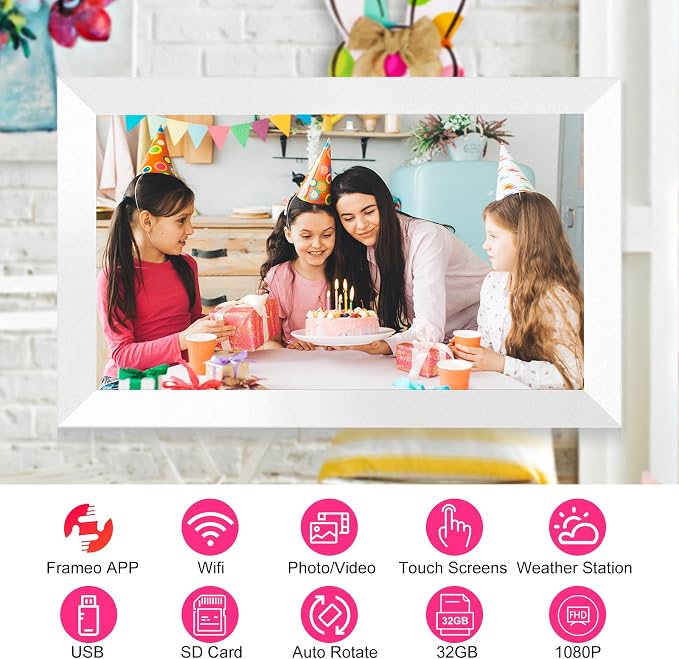Digital Picture Frame 15.6 Inch Large Frameo Digital Photo Frame，32GB, 1920 * 1080 IPS HD Touch Screen, Electronic Picture Frame IPS Touch Screen with Auto-Rotate, Frameo Digital Frame WiFi(White)
