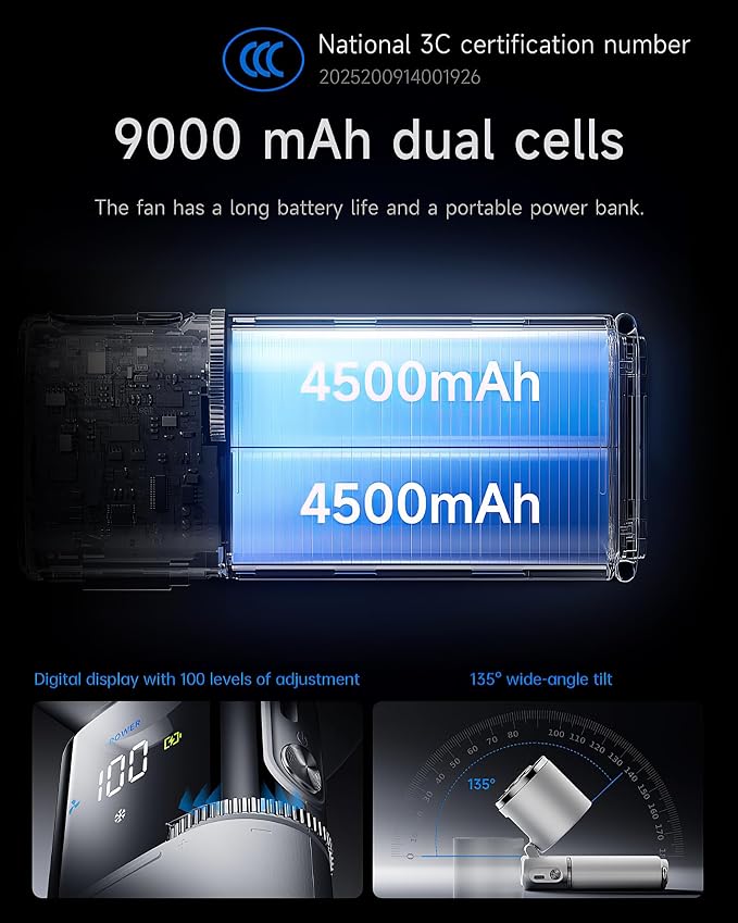 Space Player Portable Handheld Fan, 9000mAh, Turbo Airflow, Cooling Plate | 100 Adjustable Speeds, LED Display, USB-C Rechargeable, 4-in-1 Design for Neck Wear, Desktop, Hanging, Travel and Outdoor Use