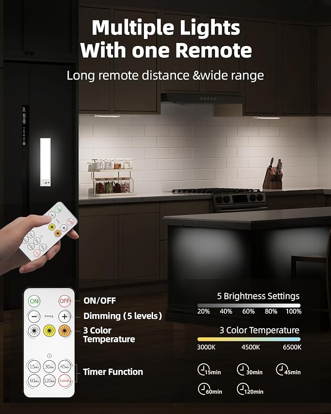 6Pack 7.8inch Under Cabinet Lighting, Rechargeable Motion Sensor Light Wireless Indoor, Dimmable 3 Color Temps Closet Lights with Remote, Under Counter Lights for Kitchen, Stairs, Bookshelf
