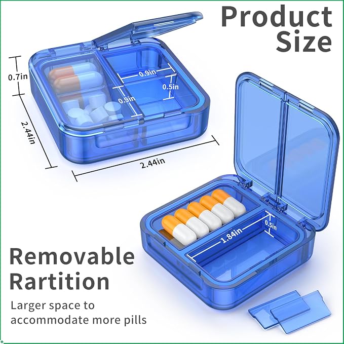 Small Pill Box,4 Compartments Travel Pill Case, Portable Pill Organizer,Mini Pill Container for Pocket,Daily Compact Travel Medicine Holder for Vitamins Fish Oil and Supplement Storage(Blue+Black)