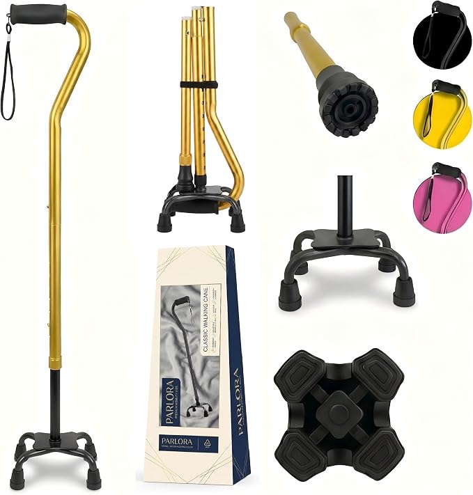 PARLORA Walking Cane 4 Prong for Stability - 3-in-1 Foldable Heavy Duty Cane with Interchangeable Quad & Single Bases, 8 Adjustable Heights, Offset Handle & Wrist Strap for Women, Men & Seniors