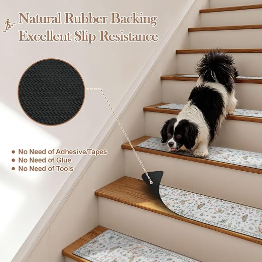 OJIA Insect Stair Treads Non-Slip Stair Runner for Wooden Steps 15PC 30"x8" | Indoor Stair Runners Carpet Stair Treads for Wood Stairs Staircase Step Treads for Kids, Elders, Dogs, Stair Covers, Beige