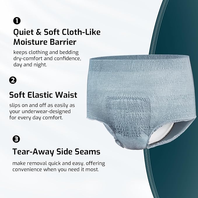 SUNKISS Super Soft Incontinence Underwear for Men, Daytime Disposable Adult Pull Ups, Mens Protective Diapers with Maximum Absorbency, Large, Grey, 120 Count