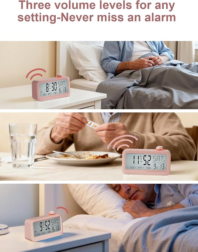 Medication Pill Reminder, RechargeableTalking Alarm Clock with 3 Custom Voice RecordingAlarms, Touch-to-Talk, a Digital Alarm (Clocks Gift forMom/Dad/Seniors/Elderly(Pink)