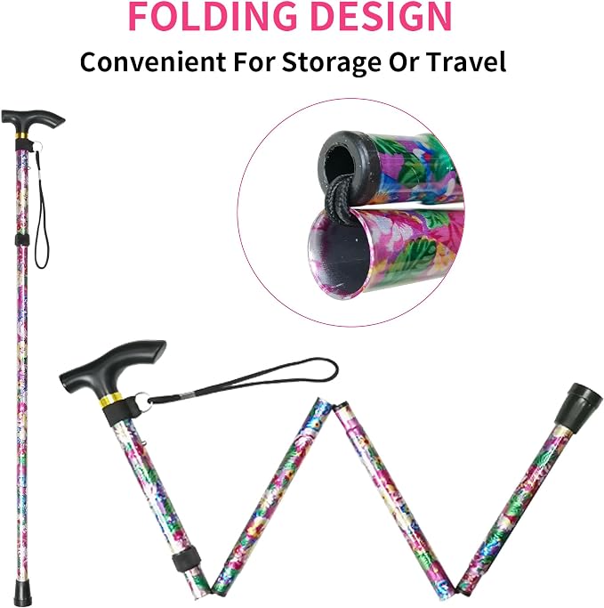 Folding Canes for Men and Women, Floral | 5-Level Adjustable Height, Lightweight Collapsible, Aluminum, Wrist Strap, T Handle, Walking Sticks for Seniors Adults
