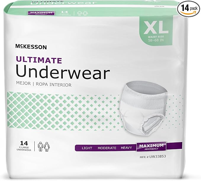 McKesson Ultimate Adult Incontinence Underwear, [14 Count], XL, 58-68 in. Maximum Absorbency, Unisex Bladder Leak Protection, Pull-On Style with Tear-Away Sides, for Postpartum and Incontinence