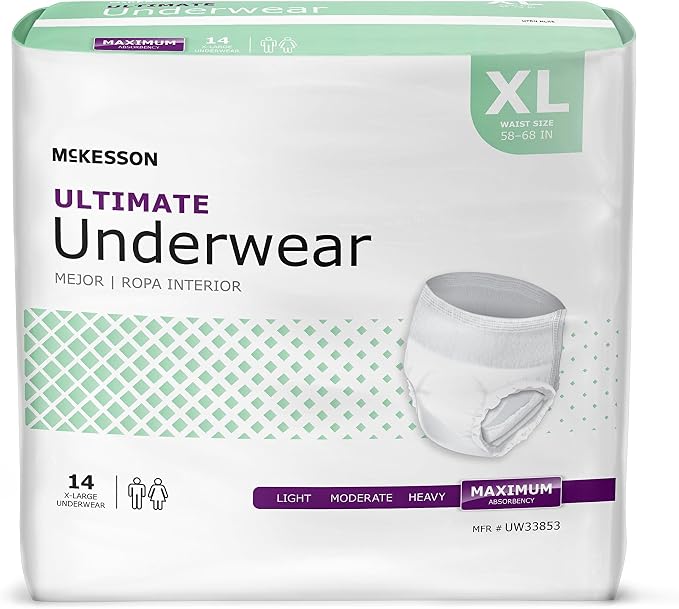 McKesson Ultimate Adult Incontinence Underwear, [56 Count], XL, 58-68 in. Maximum Absorbency, Unisex Bladder Leak Protection, Pull-On Style with Tear-Away Sides, for Postpartum and Incontinence