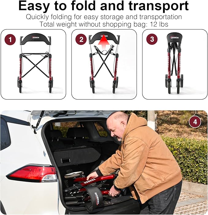 Rollator Walker for Seniors/Adults Foldable Rolling Walker with Seat 440 lbs Capacity 4 Big 7.9 inch Wheels Hand Grips Adjustable Height Lightweight Carbon Fiber Walker Removable Back Support
