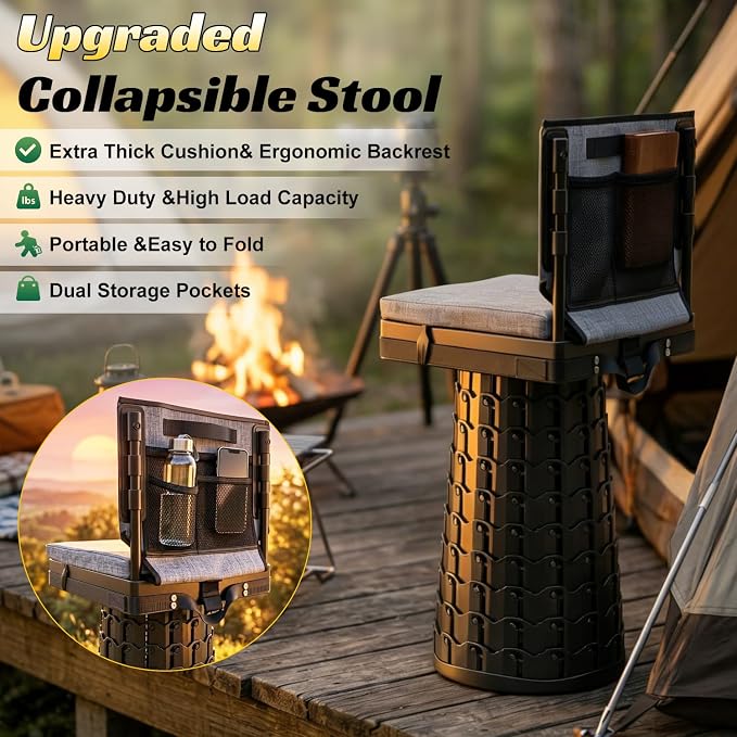 Upgraded Collapsible Stool with Backrest & Extra Thick Cushion,1000lbs Max Weight,Heavy Duty Portable Folding Outdoor Chair with Dual Storage Pockets,Telescoping Seat for Camping,Fishing & Travel,Yard