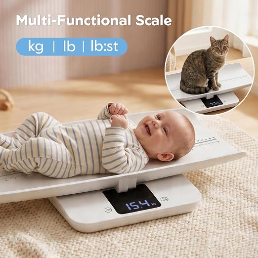 MomMed Baby Scale with Height Measuring Tape - Digital Smart Scale for Infant Weight with Hold & Lock Function, Auto Shut-Off, LED Display - Multi-Function Scale for Newborns, Adults, Cats, Dogs