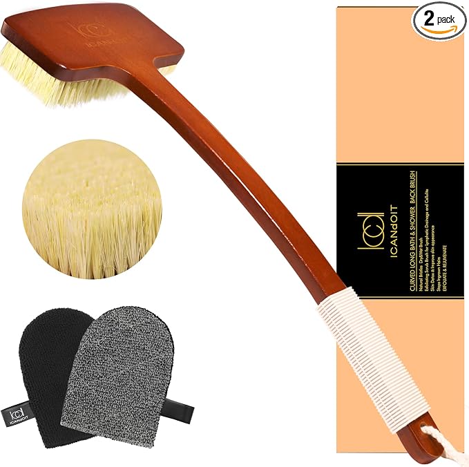 Stiff Sisal Bristles Back Scrubber Set - Shower Brush with Non-Slip Curved Handle and Dual-Sided Exfoliation Glove-17.71”Bent Handle