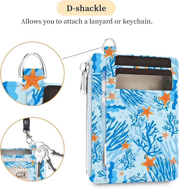 Hancynir Ocean Sea Starfish Slim Wallet Women Credit Card Holder RFID Small | Zipper Pocket Wallet, Thin Travel Coin Purse, Ladies Women Gifts, Minimalist Card Case, 6 Card Slots, ID Window, PU Leather