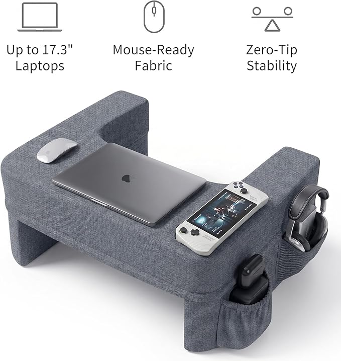 Septsun 26" Extra Wide Lap Desk Pillow, Laptop Desk for Couch and Bed | Modern Gray Large Soft Foam Workstation with Ergonomic Armrest Elbow Relief; Mouse-ready Fabric, Cup Holder, Sofa Gaming