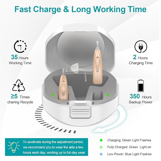 Rechargeable Hearing Aids for Seniors with Noise Reduction, BTE Hearing Aids for People with Mild Moderate Severe Hearing Loss, Dual Microphones, Comfortable Fit - Beige
