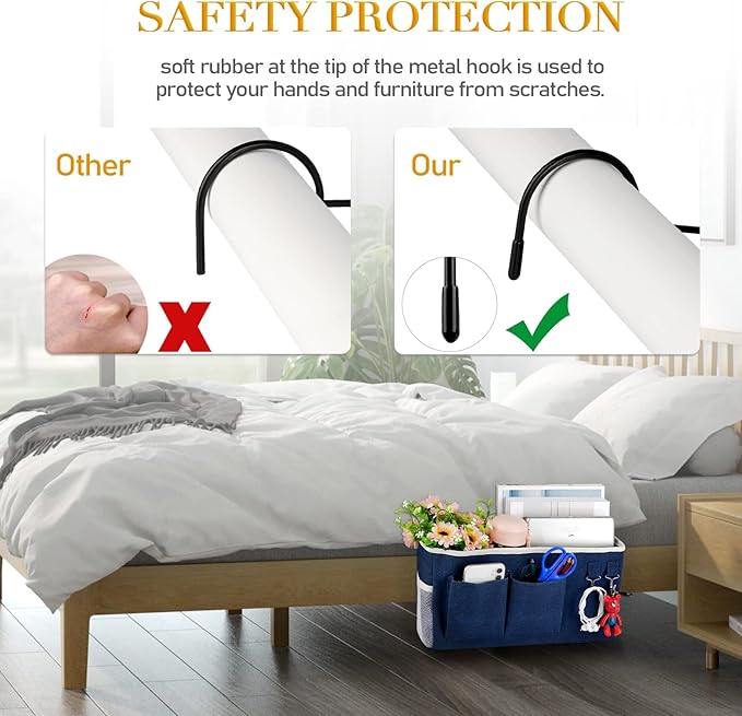 Bedside Caddy Bedside Storage Bag for Headboards/Bunk Bed | Hanging Bed Caddy with Hooks fits Bunk bed Hospital Beds Dorm Bed Rails, Essentials for Phones, Books, Remotes, Water Bottles