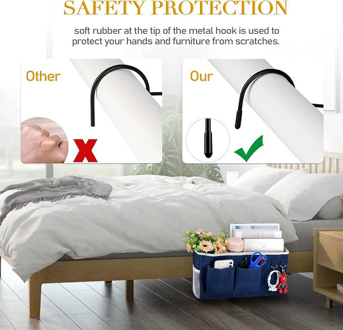 Bedside Caddy Bedside Storage Bag for Headboards/Bunk Bed | Hanging Bed Caddy with Hooks fits Bunk bed Hospital Beds Dorm Bed Rails, Essentials for Phones, Books, Remotes, Water Bottles